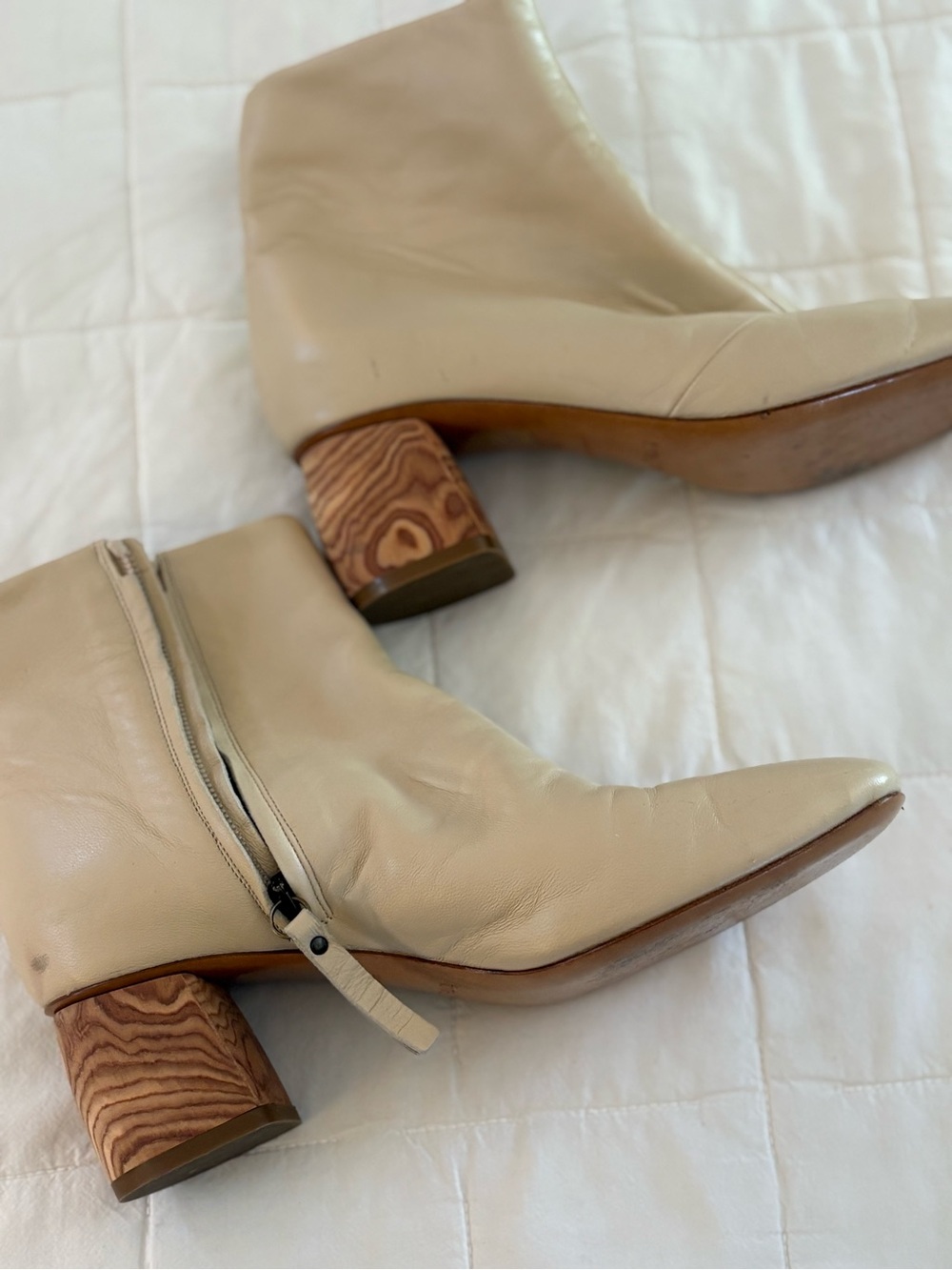 FORTE FORTE BEIGE Leather Ankle Boots with Wood Block Heel